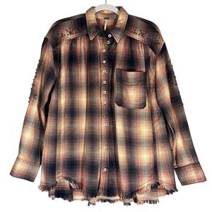 Free People Take On Me Plaid Studded Buttondown Sz S Oversized‎ Raw Hem Cowgirl